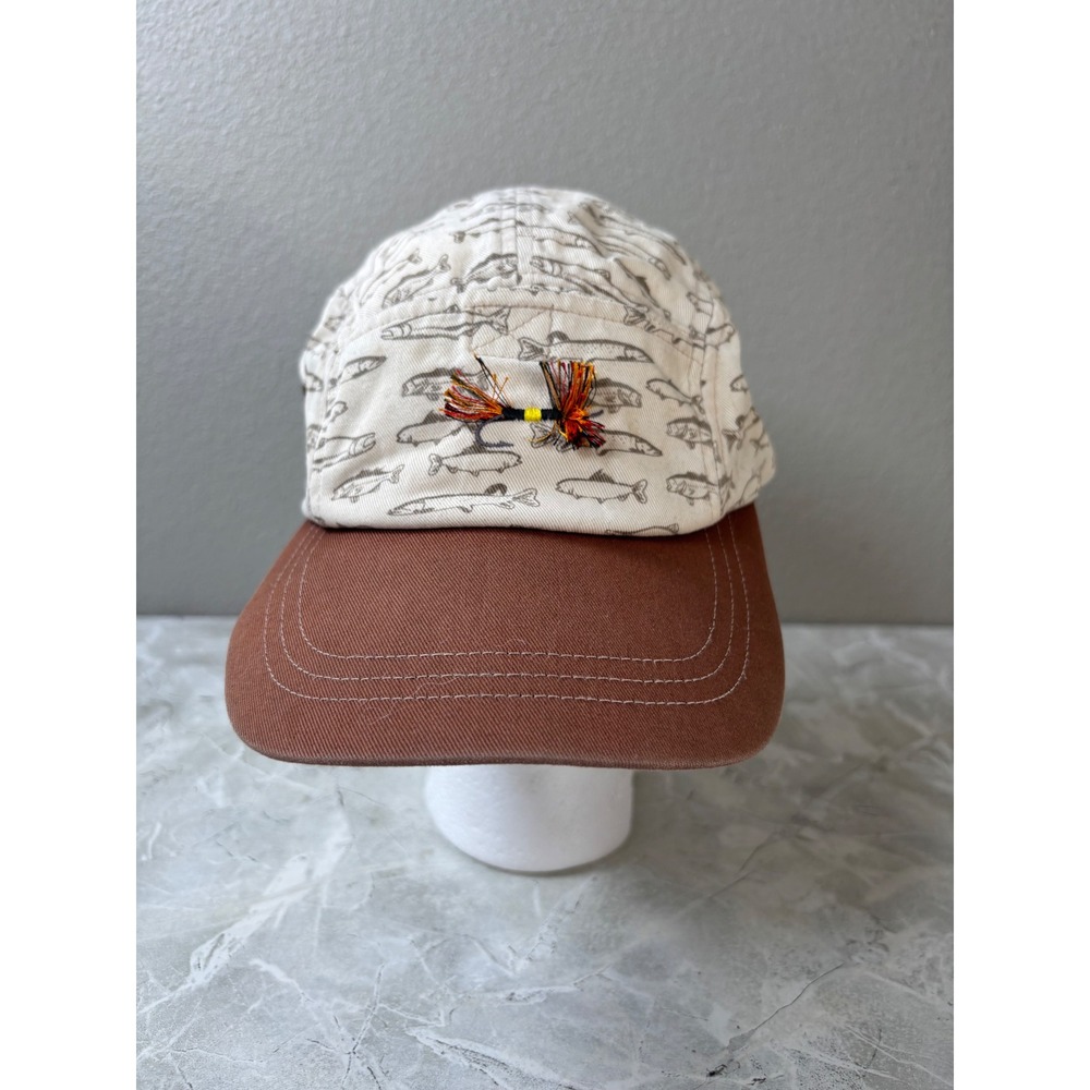 Cherokee Brand Fish Print 5 Panel Camper Hat Fly Fishing Lure Detail Brown Cream